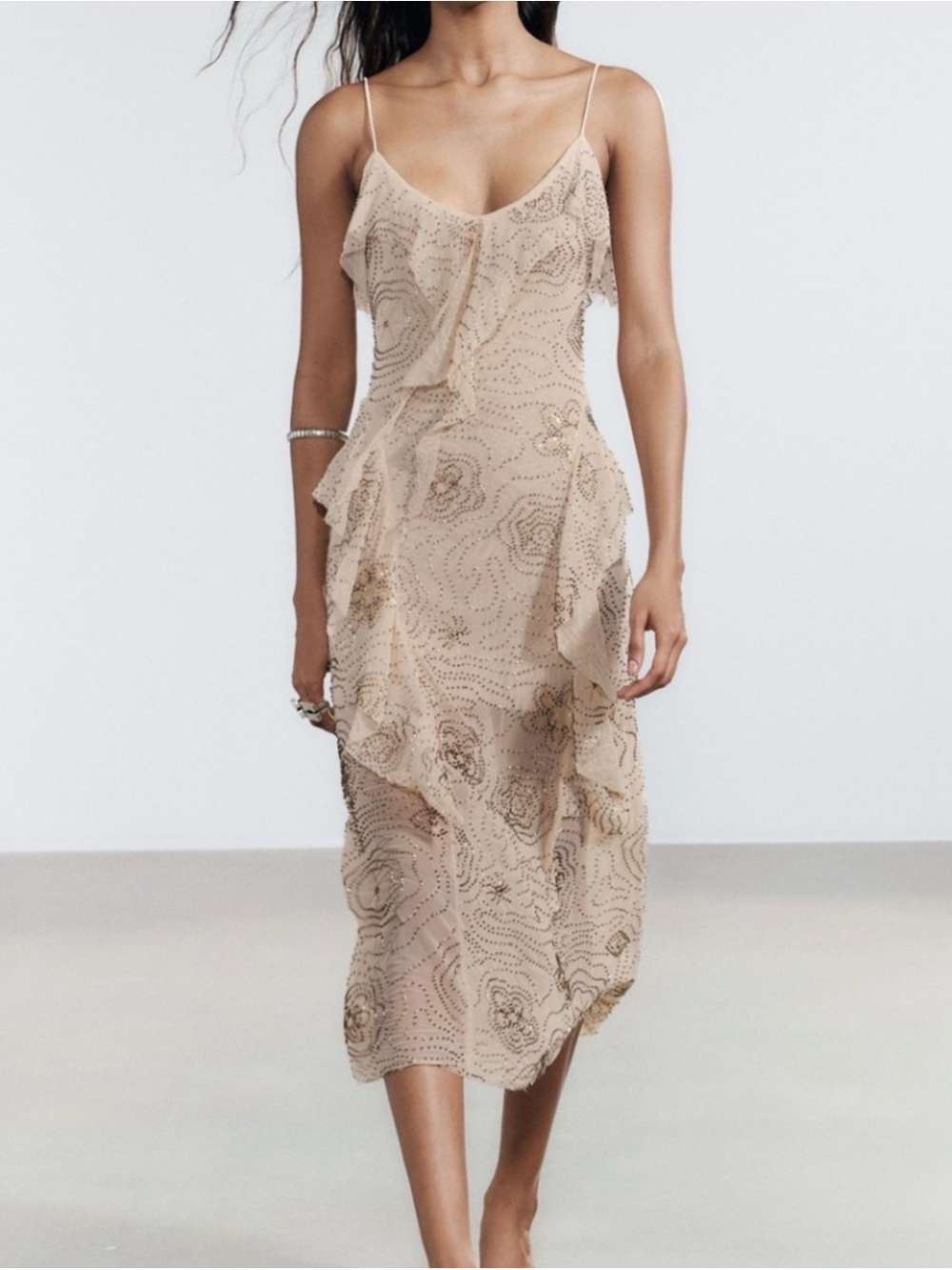Zara Nude Beaded Slip Midi Dress